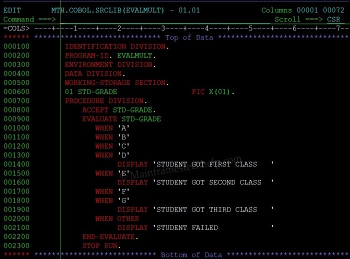 Evaluate in cobol with multiple condition