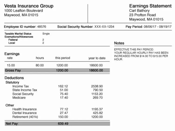 Reading a pay stub worksheet