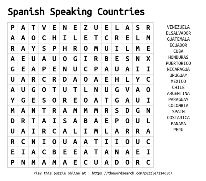 Spanish speaking countries word search key